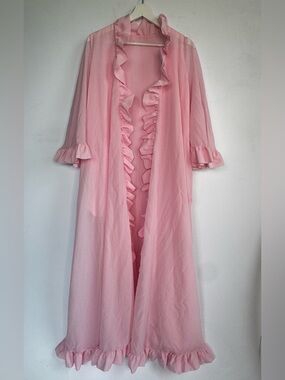 Vintage LaLa's Pink Ruffle Trim Long Robe RN 27348 Size Small